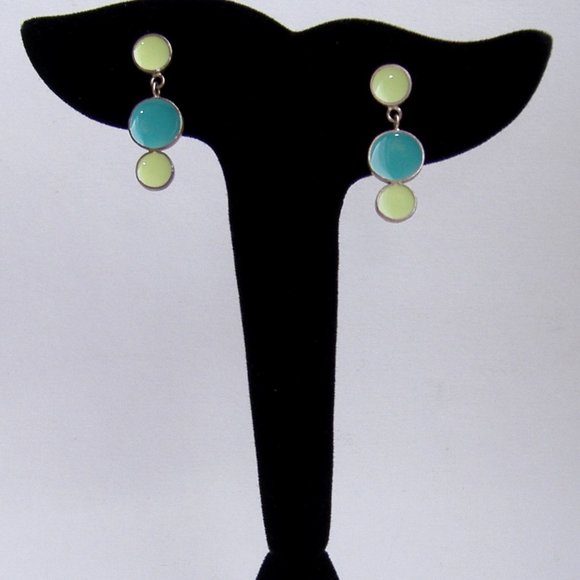Aqua Lime Dot Enamel Earrings Green Blue Sterling Silver Handmade Post New Gift - Picture 4 of 6